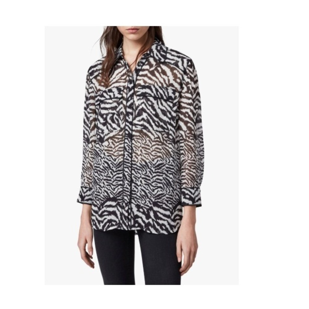 AllSaints Esther Remix Zebra Print Button Down Blouse Black White | Size M
